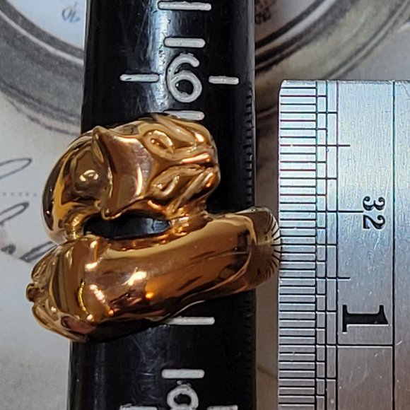 Signed Milor Bronze Italy Gold Elegant Cat Panther Head Ring Size 7 - Picture 8 of 11
